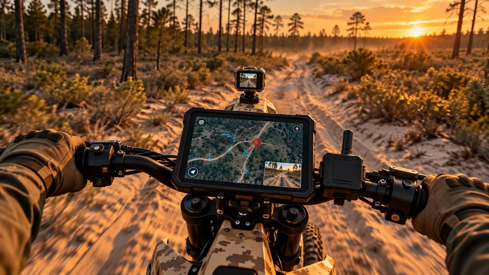 Rugged tablet on a tactical e-bike showing a live map
