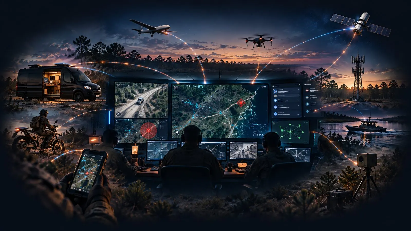 Command center fusing feeds from aircraft, drones, satellites, and teams