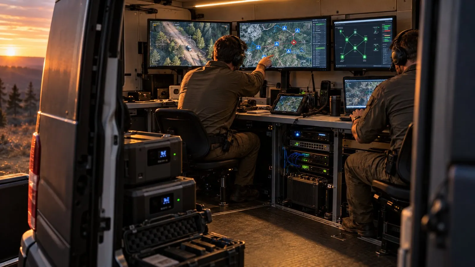 Operators at a workbench of screens inside a mobile command van