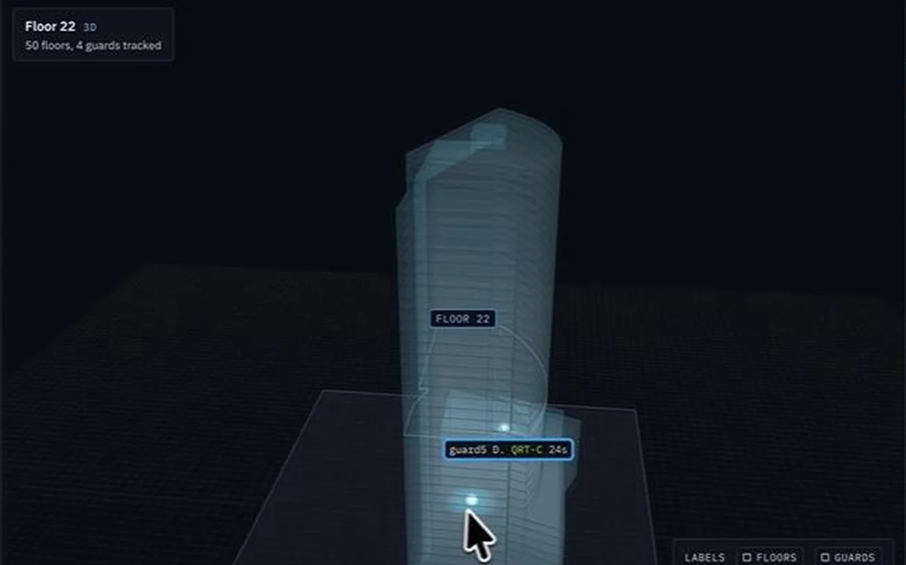VectorOn 3D building view showing a security team member located on floor 22 of a 50-floor tower