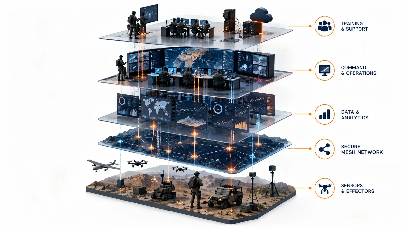 Layered illustration of the Connectium stack: sensors and effectors on the ground, a secure mesh network, data and analytics, command and operations, and training and support at the top